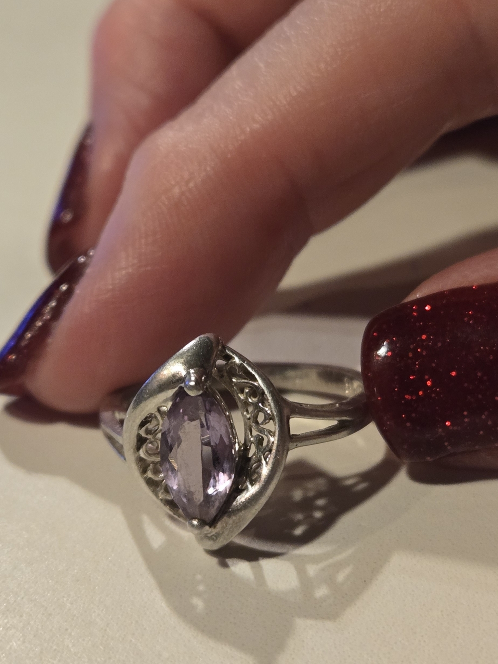 Art Deco Sterling Silver Ring with Lavender Amathyst Marquise Stone Sz 8